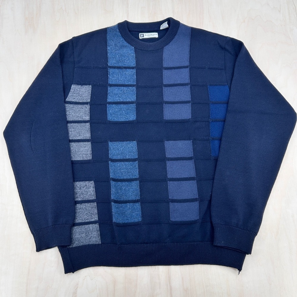 Vintage Bachrach Mens Merino Wool Sweater L Navy Blue Geometric Artwear Grandpa